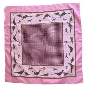 Vtg Fiorini Polyester Scarf Retro Pheasants Belt PINK Brown 30x30" Game Birds